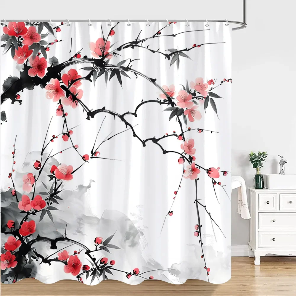 Chinese Japanese Ink Painting Shower Curtain Red Plum Blossom Art Painting Retro Style Polyester Shower Curtains Bathroom Decor