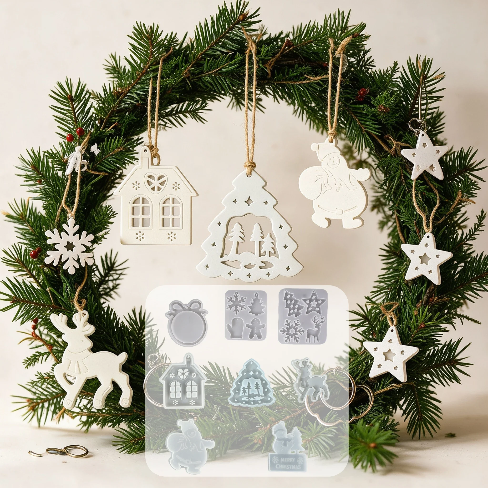 8Pcs Christmas Ornament Silicone Mold Set, Santa House Tree Deer Snowflake Star Resin Plaster Xmas Hanging Pendant Craft Mold