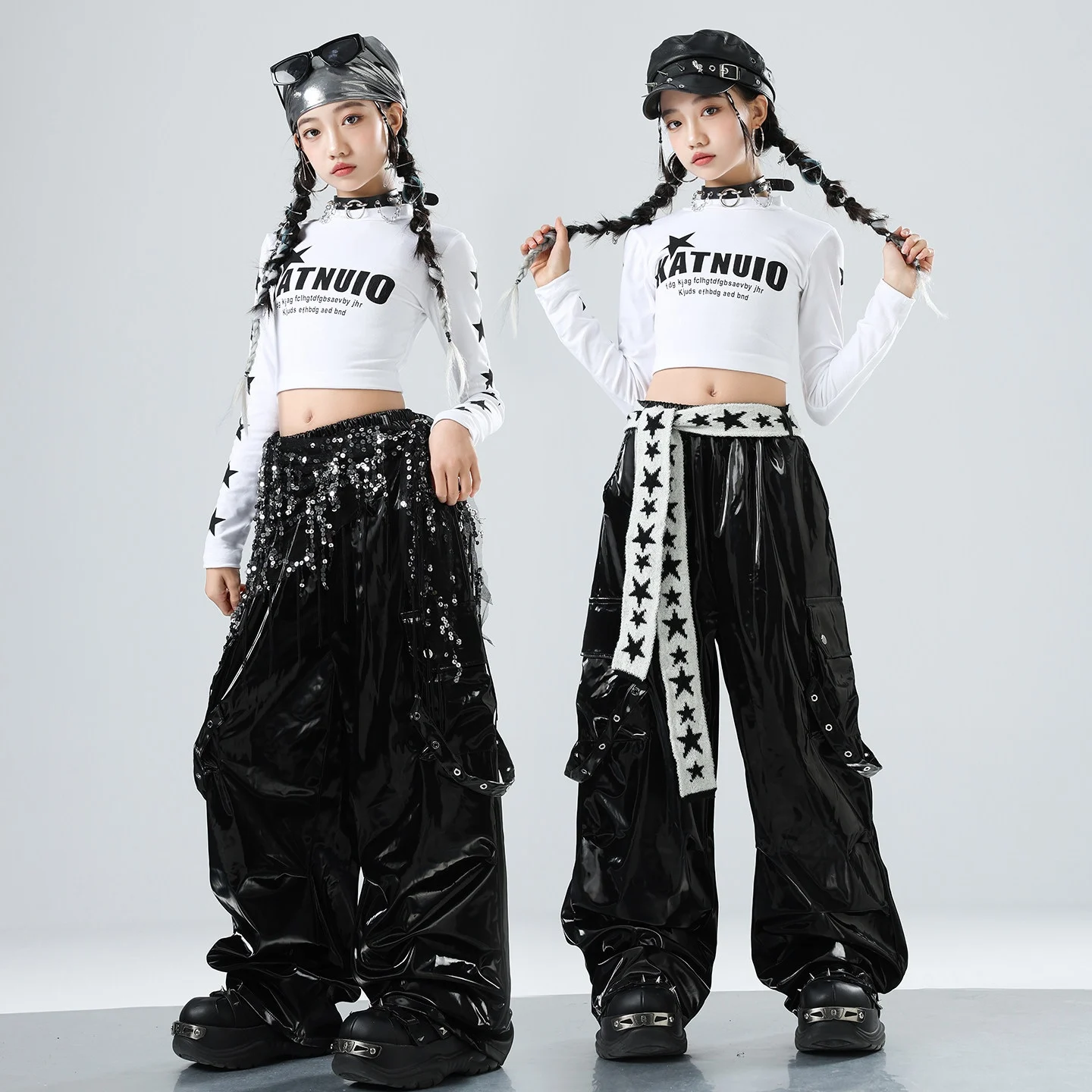 

Костюм для джазовых танцев K-pop для девочек: белый топ с открытым животом, черные кожаные брюки, длинные рукава, одежда в стиле хип-хоп, модная уличная одежда BL17924