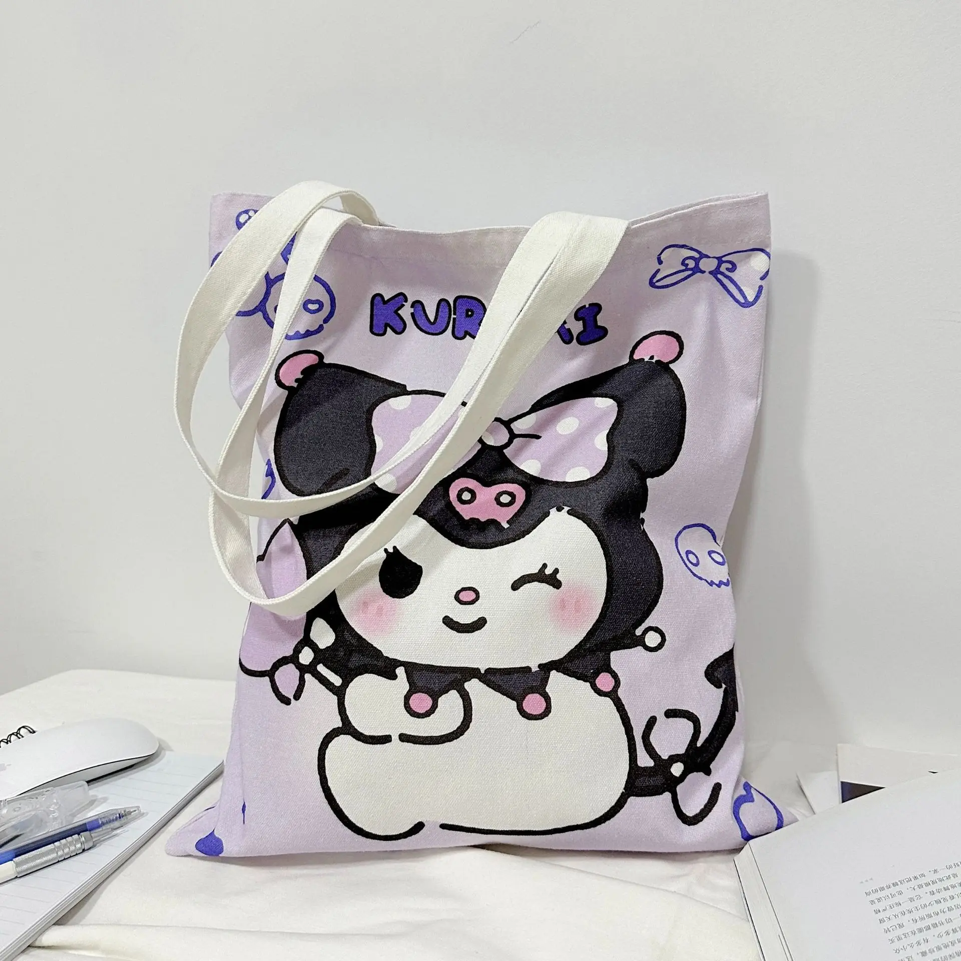 Kuromi Hellokitty Borsa in tela con stampa fronte-retro Borse a tracolla da donna Borsa per la spesa casual di grande capacità Borsa per tutoring