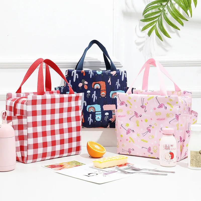 Solid Color Lunch Bags Large Capacity Double Side Pockets Handbag Picnic Food Storage Bag Heat Insulation Lunch Box Bag Oxford