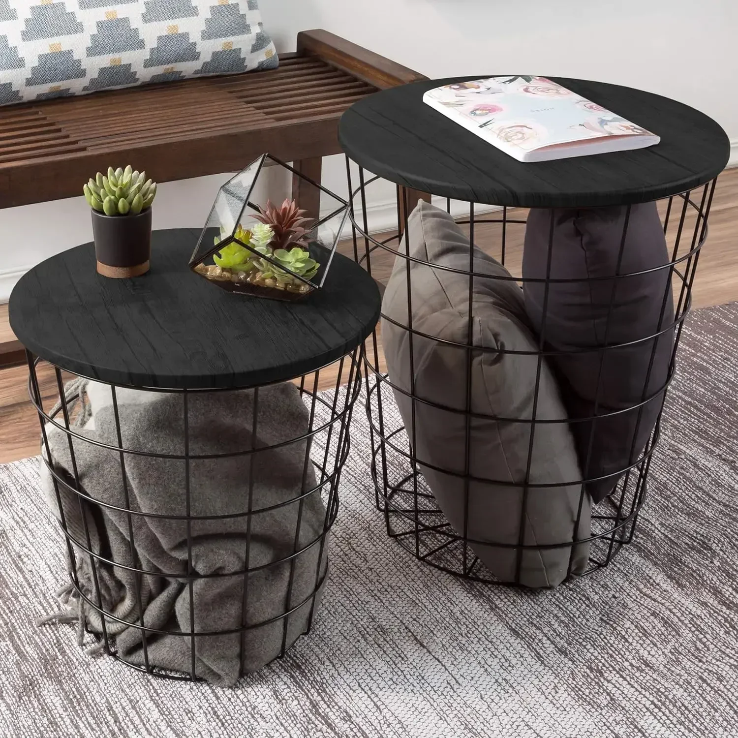 

End Tables Set of 2 - Nesting Tables with Removable Wood Tops and Metal Basket Bases for Blanket Storage - Round Side Pieces for