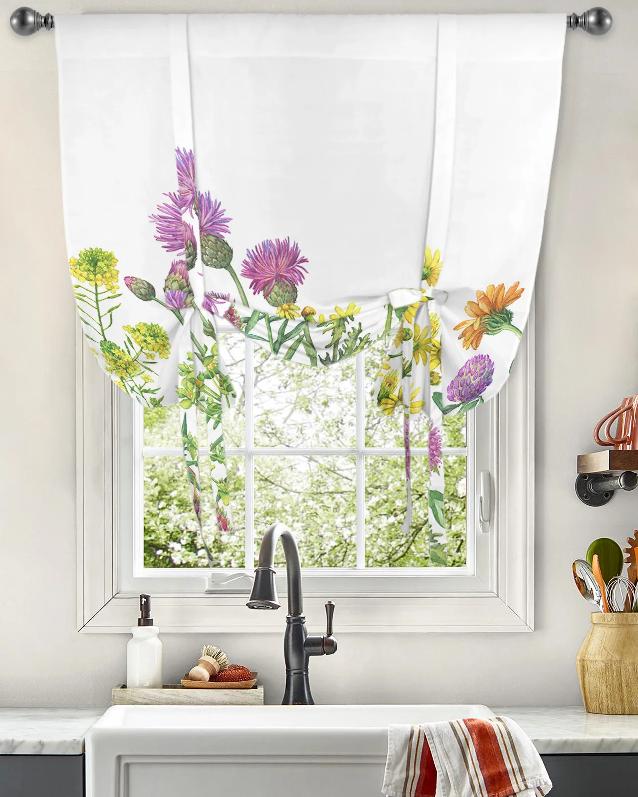 

Spring Flower Daisy Butterfly Window Curtain for Living Room Home Decor Blinds Drapes Kitchen Tie-up Short Curtains