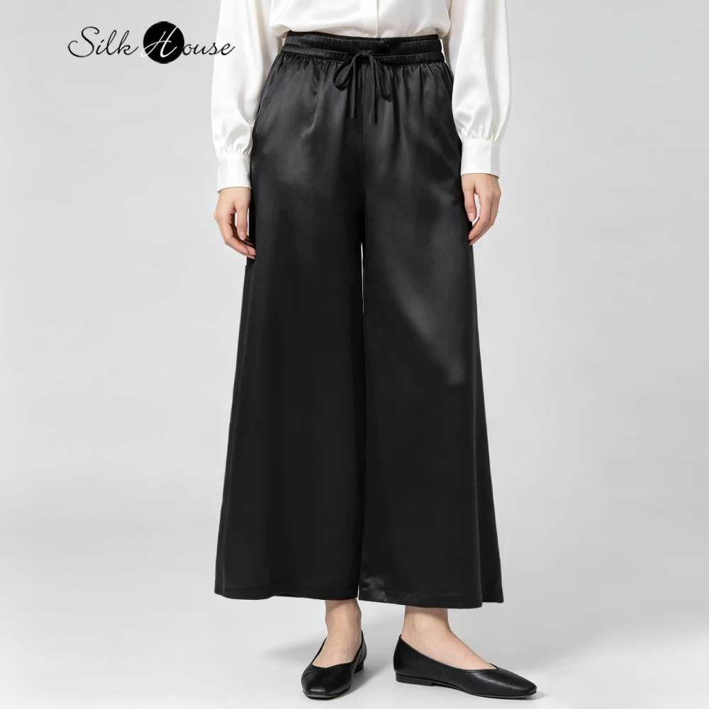 

Plus Size Women's Fashion Summer New Black 100% Natural Mulberry Silk Satin Versatile Drawstring Elastic Waist Wide Leg Pants