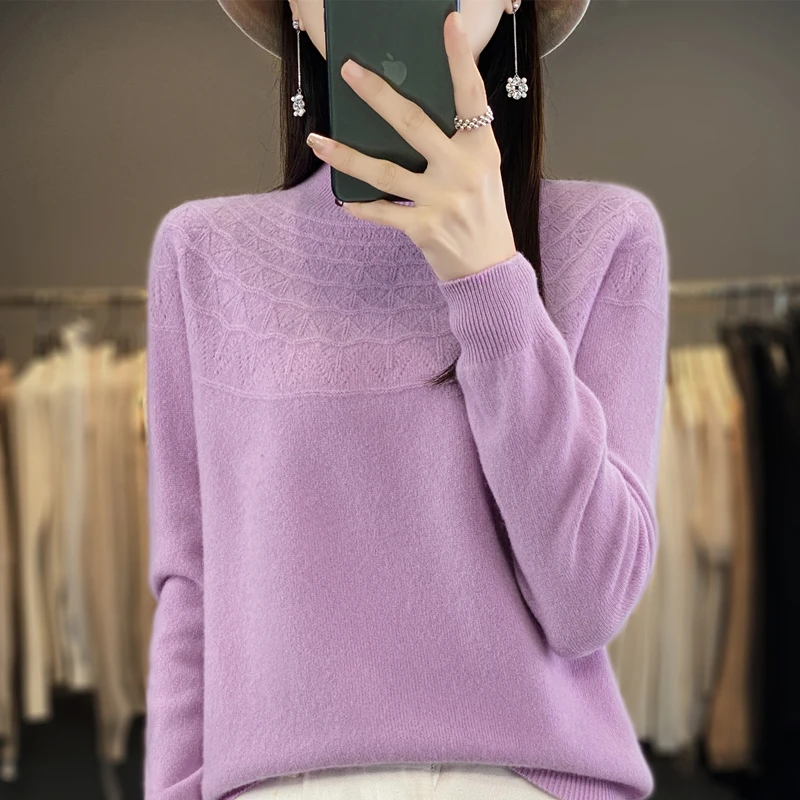 2024 New Pullover Long Sleeved Semi High Neck Hollowed Out Loose Sweater Women\'s Korean Version Autumn And Winter Base Sweater