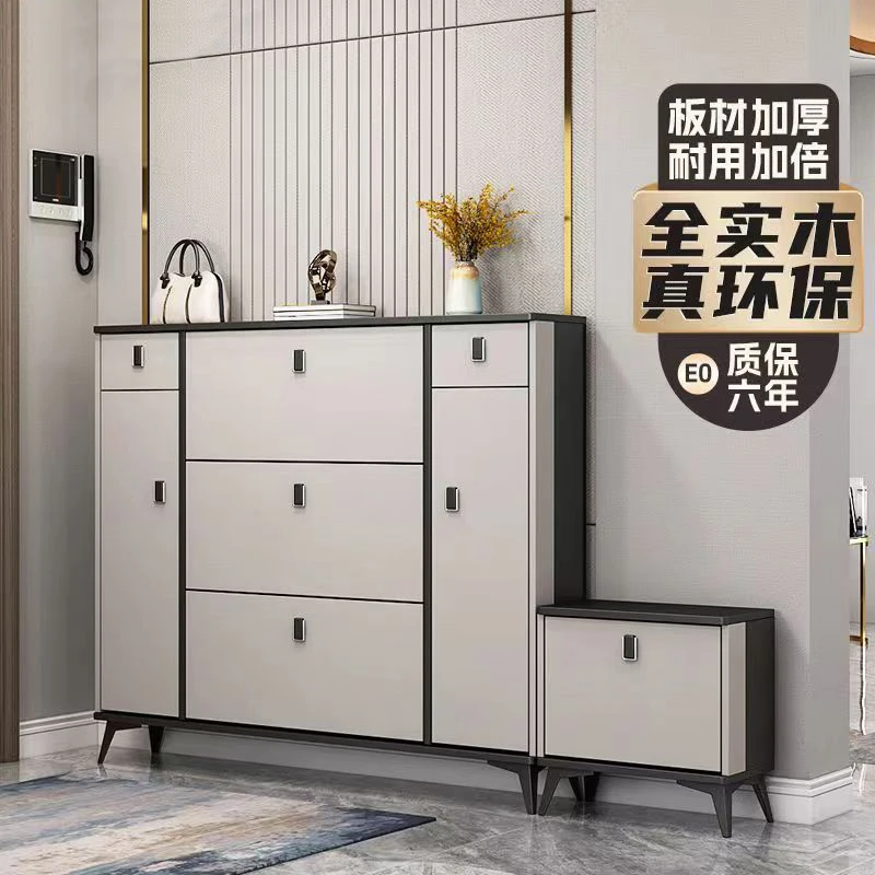 

Solid wood ultra-thin shoe cabinet household entrance tipping bucket entrance locker integrated against the wall 2025 popular st
