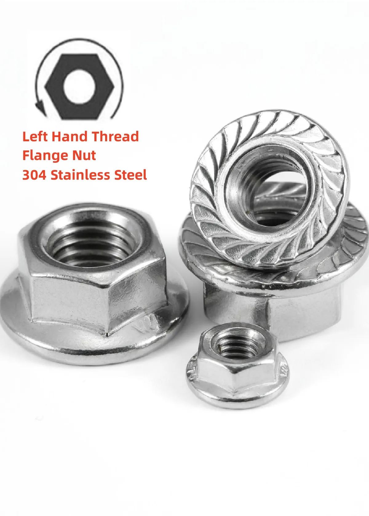 Left Hand Thread Flange Nut 304 Stainless Steel Reverse Thread Hexagon Serrated Spinlock Flange Nuts Left Hand Nuts  M4 M5 ~M12