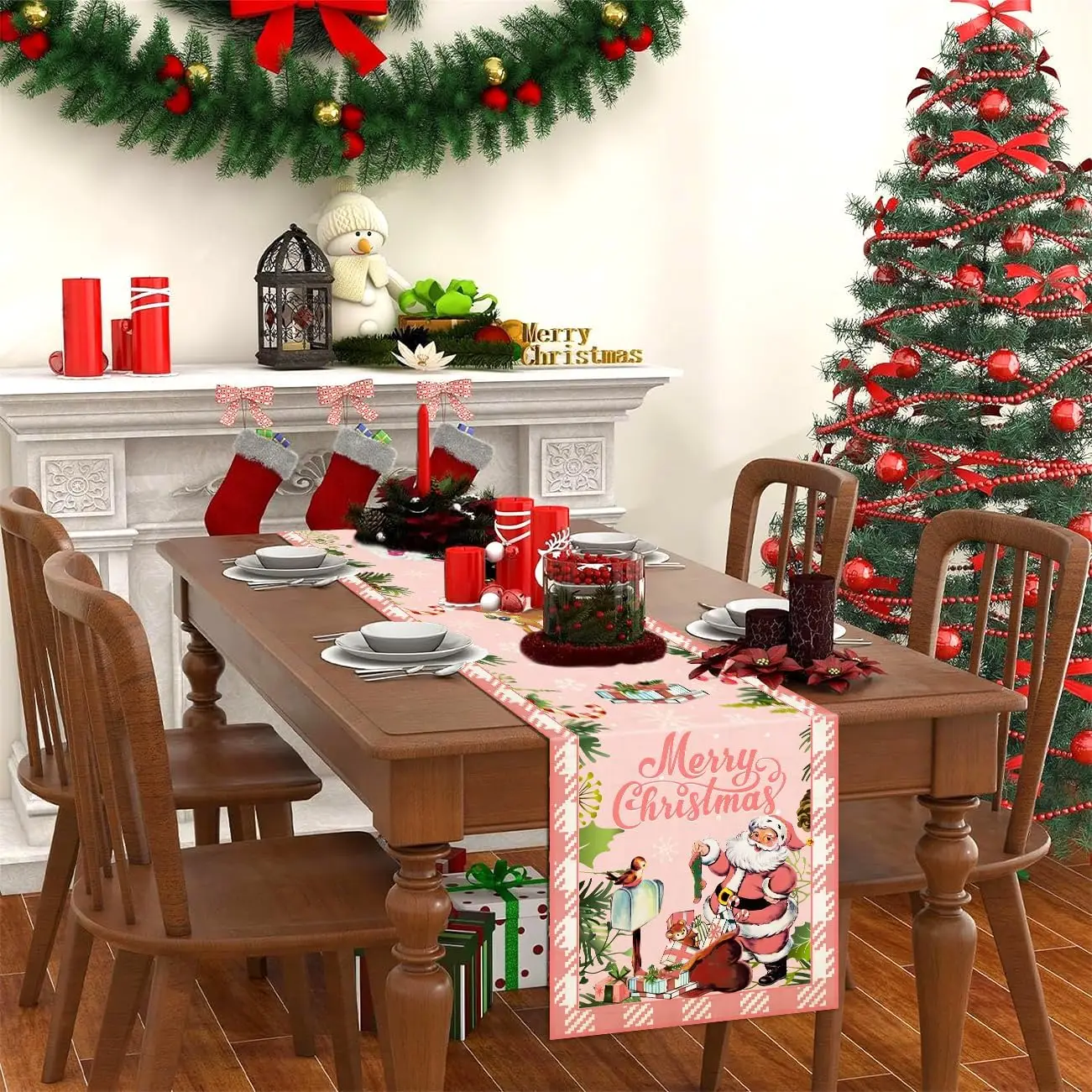 Christmas Pink Santa Claus Linen Table Runner Home Party Decor Winter Xmas Holiday Kitchen Table Runners Christmas Decorations