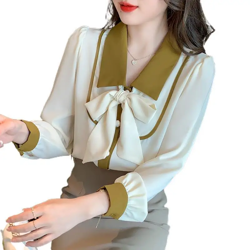 Elegant Contrast Patchwork Blouse Bow Lacing Youth All-match Shirt Tops Spring Autumn New Fashion Temperament Women Clothing