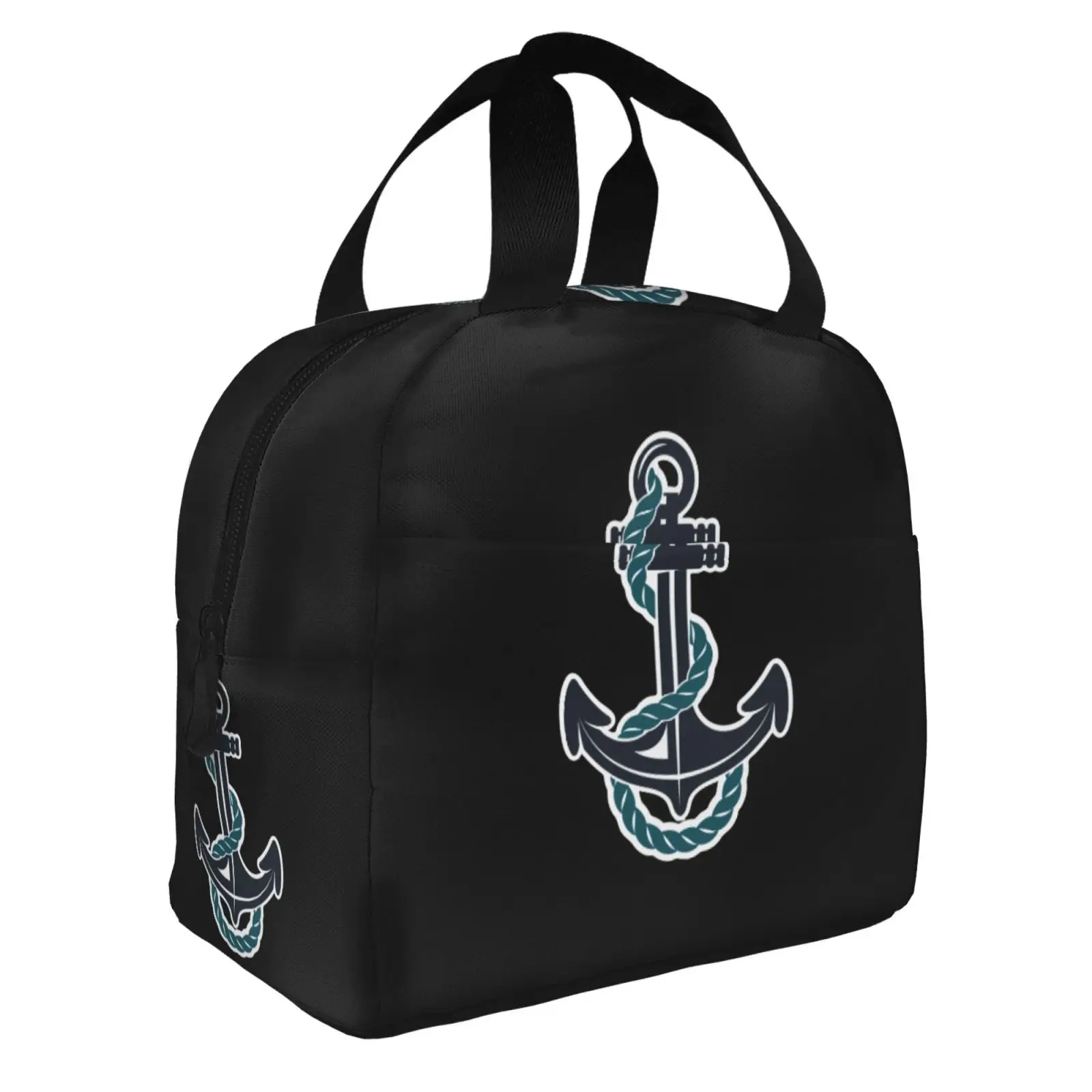 Blue and Black Anchor with Rope Print Lunch Tote Bag Insulated Leakproof Lunch Box Container with Front Pocket for Girls Boys