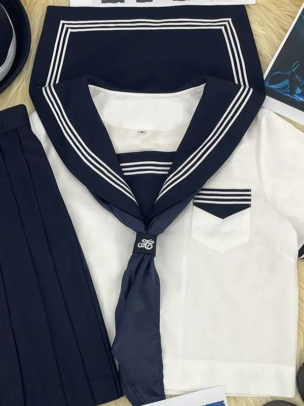 Sakura Girl JK Uniform Revamped White Three-Button Sailor Suit School Style Class Performance Costume Breathable Polyester