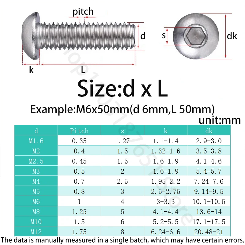 DIN7380 M1.6 M2 M2.5 M3 M4 M5 M6-M12 304 Stainless Steel Round Pan Head Hex Hexagon Socket Screw Mushroom Button Head Allen Bolt