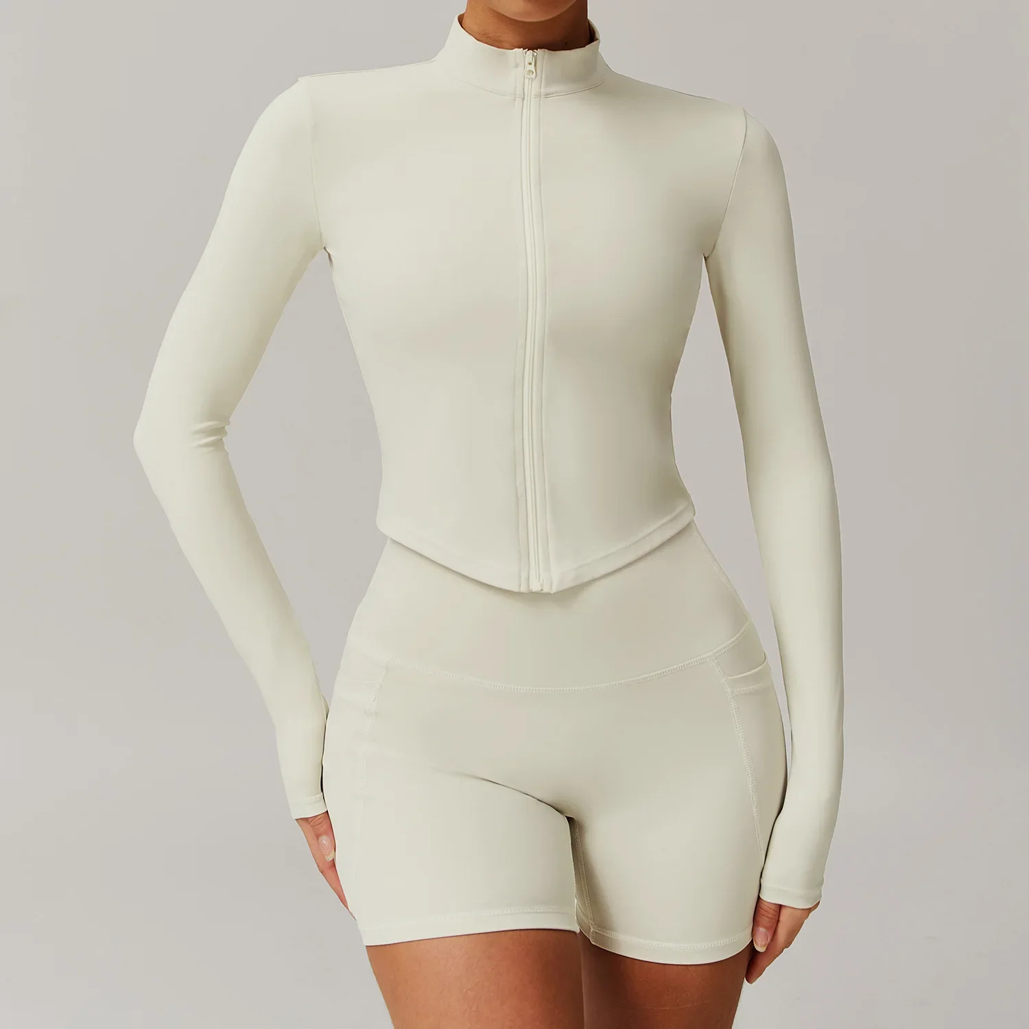 Custom LOGO women\'s quick-drying nude fitness jacket zipper outer wear running sports tight long-sleeved yoga clothing top