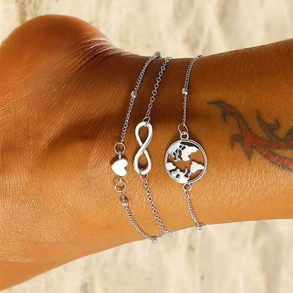 

Boho Heart Anklets Set For Women Silver Plated Multi Layer Anklet Bracelets On Leg Foot Jewelry New