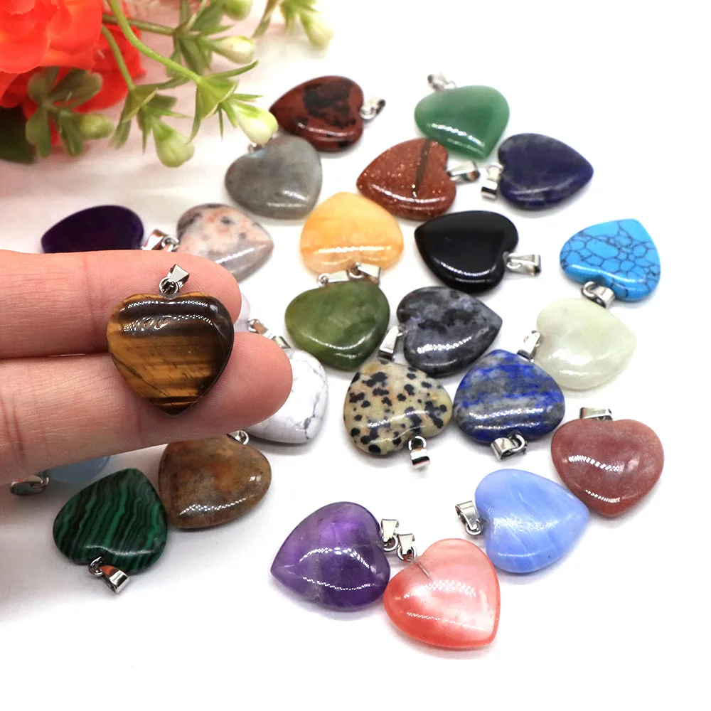 10PC/Set Natural Agate Turquoises Quartz Heart Shape Pendant Crystal Amethyst Healing Gemstone Necklace Women Charm Jewelry 16mm