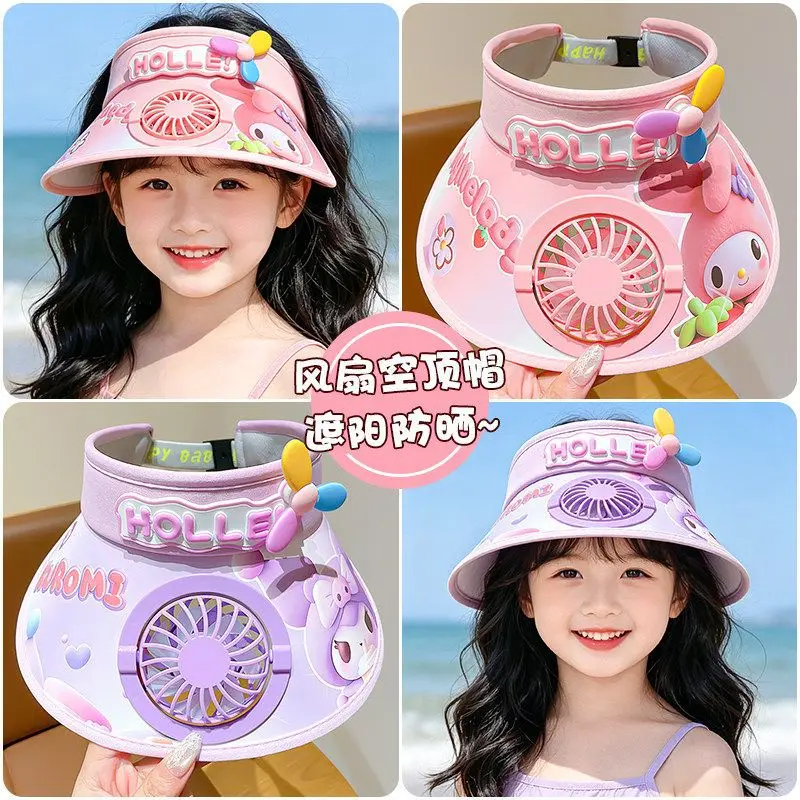 

Cute Sanrio Kuromi Cinnamoroll Summer Sun Hat with Fan Cartoon Cinnamoroll Outdoor Sun Visor UV Protection Hollow Brim Beach Cap