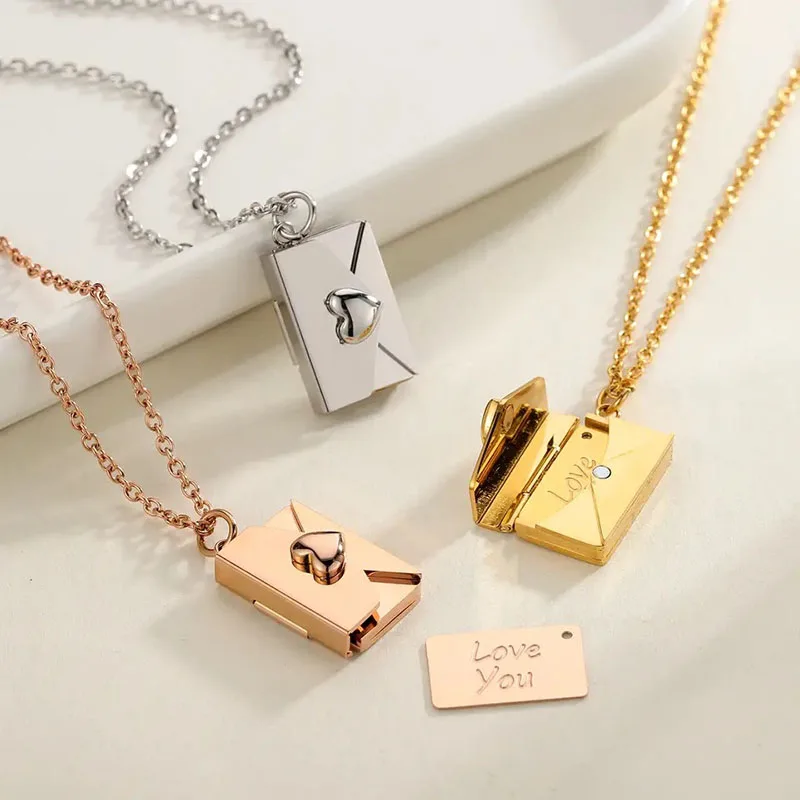 

Envelope Locket Necklace for Women Stainless Steel Silver/Gold/Rose Gold Clavicle Chain Wedding Jewelry Accessories DIY Pendant