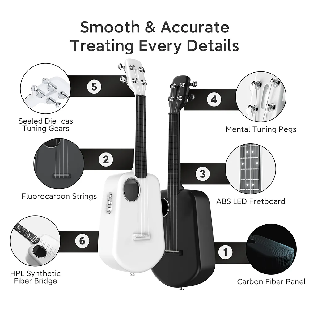 Populele 2 Pro 23 Inch Built-in Preamplifier Smart Ukulele Carbon Fiber APP Control Bluetooth 5.0 With Led Lamp Beads