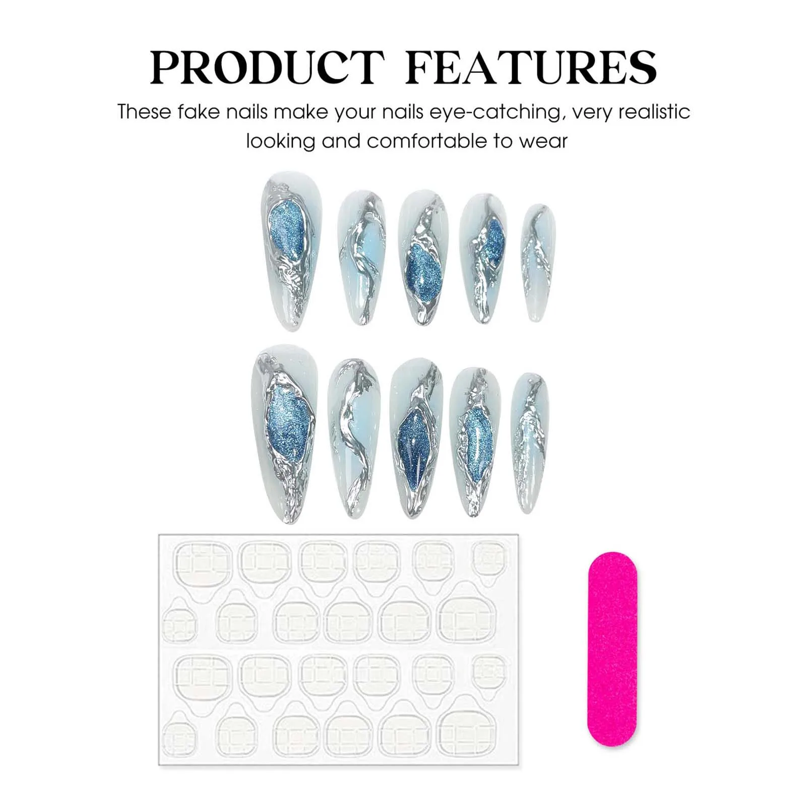 Blue Fake Nails With Cat Eyes Decor Long Lasting Safe Material Waterproof False Nail For Stage Performance Wear Fashion Nail Art