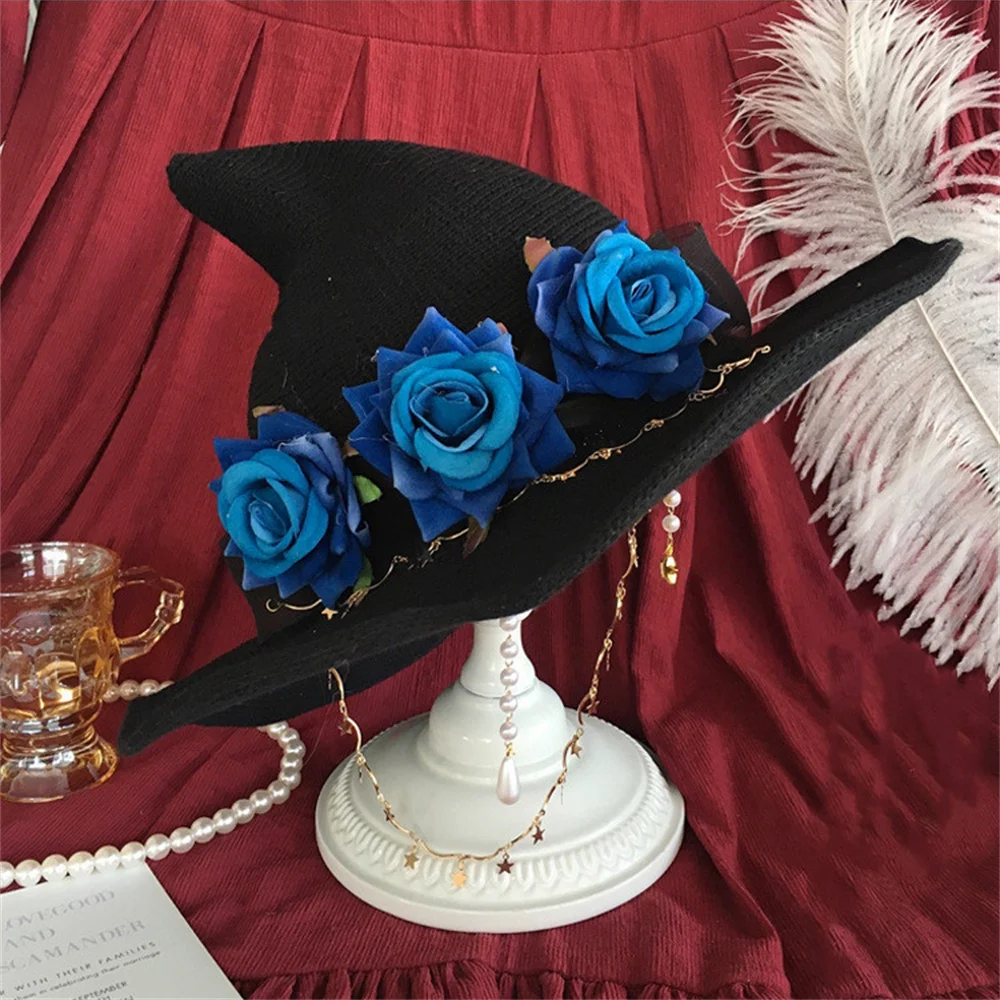 Halloween Witch Wizard Hat Creative Lolita Style Rose Big Bow Cap Retro Gothic Magical Girl Hat Cosplay Horror Props Accessories