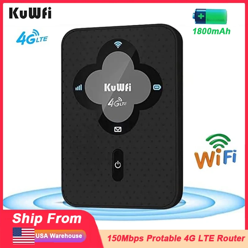 KuWFi 1800mAh 4G LTE Router 150Mbps Portable Mobile Roputer Outdoor Travel Wifi Hotspot with SIM Card Slot Plug and Play for USA