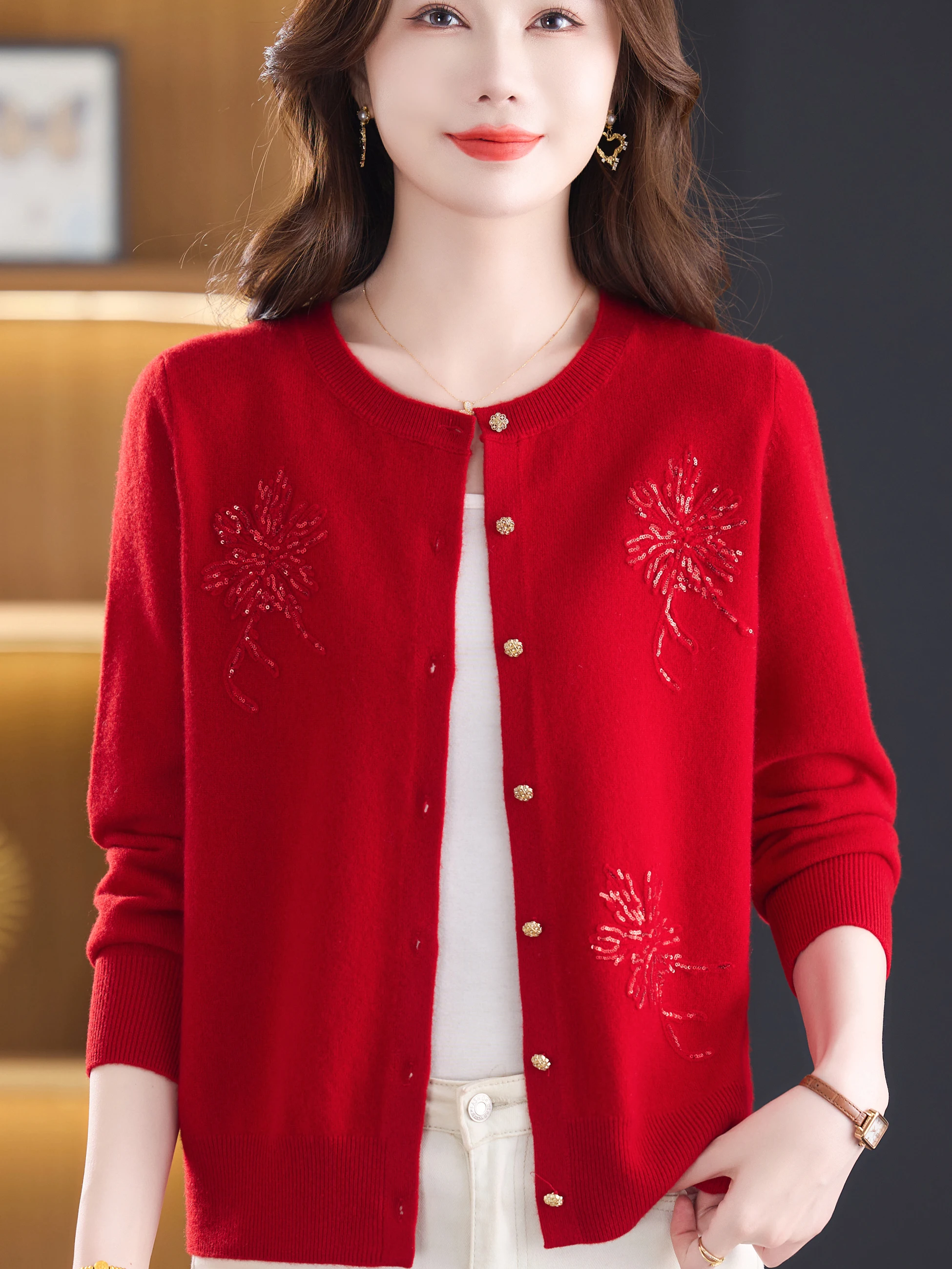 

Ele Red Knitted Open Cardigan Women's Mid-Aged Mommy Sle Embroidered round Ne Full Wool Jaet Spring Autumn Youthful