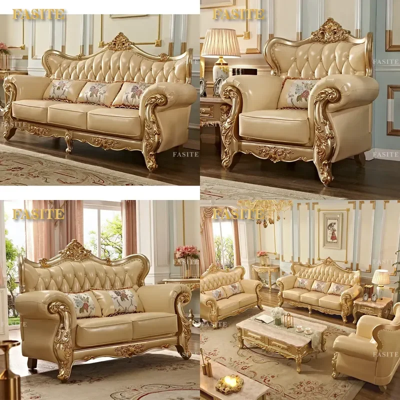 For Luxury European Style Villa Living Room Sofa Set Champagne Gold Solid Wood Carving Leather Combination Furniture