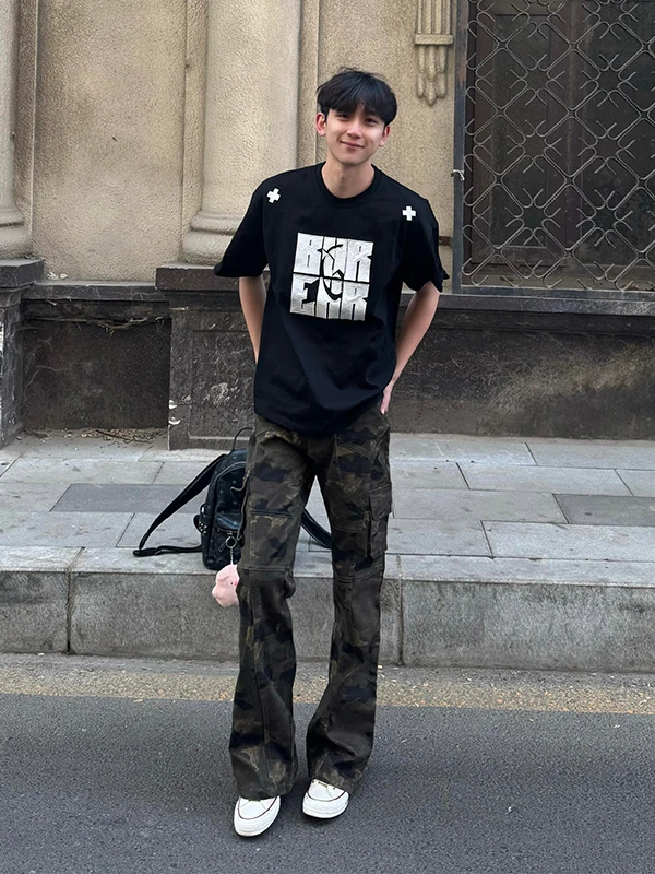 American Retro Camouflage Work Pants Men's Design Sense Small Audience Splicing Micro Flared Pants Cool Knife Straight Jeans