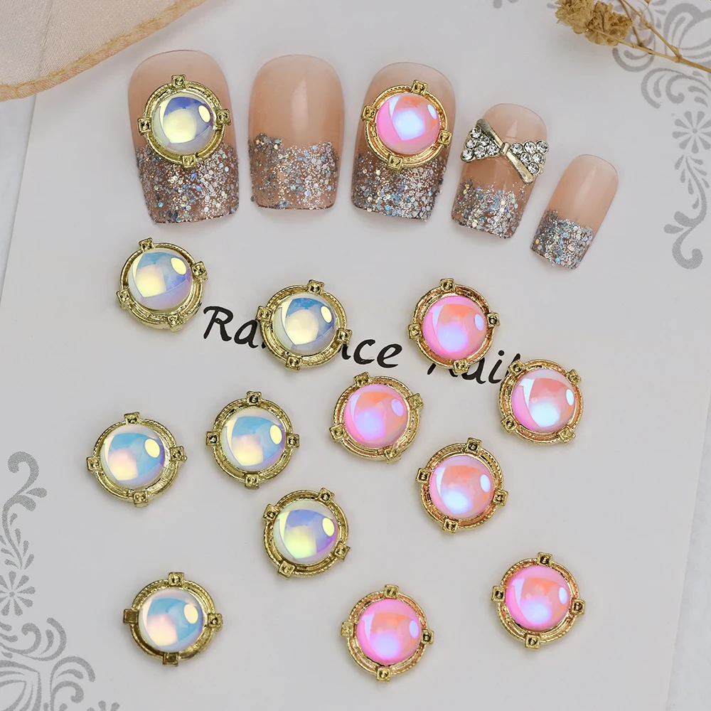 10Pcs 3D Aurora Macaron Crystal Nail Rhinestones10mm Pink Clear Round Pearls Aolly Nail Charms Luxury Nail Art Decorations D8@5F