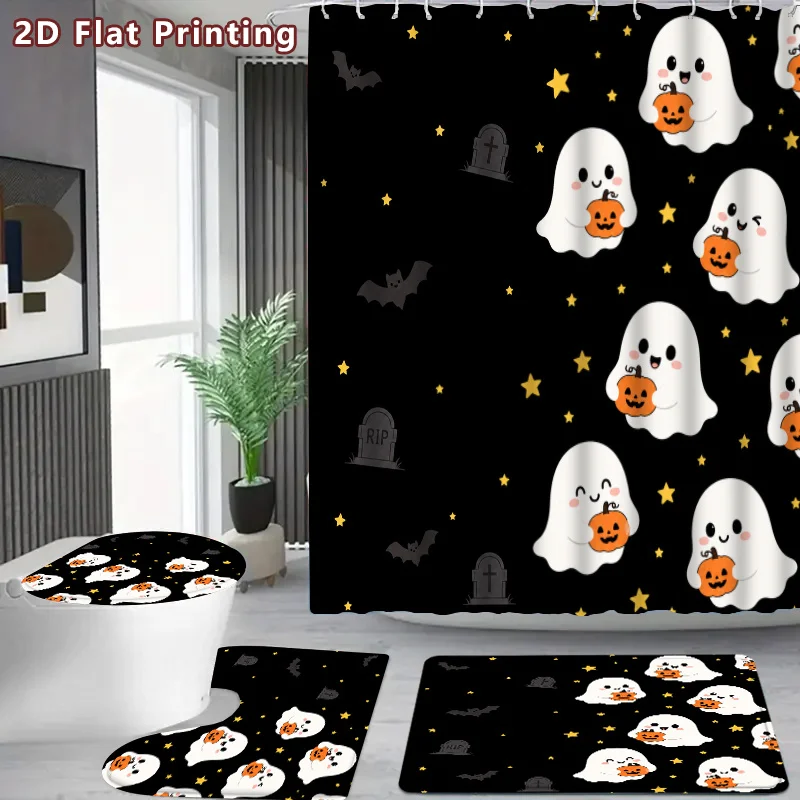 4pc 2D Flat Cute Ghost Halloween Shower Curtain Set, Black Background with Lovely Ghosts, Pumpkins & Bats, Home Bathroom Decor