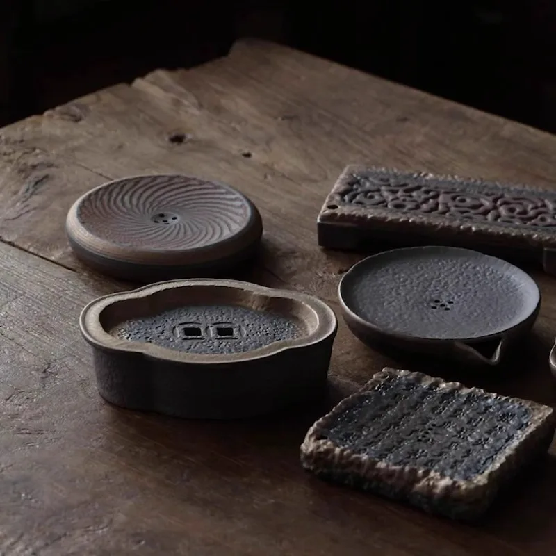 

Vintage rough pottery pot with copper rust glaze and gilded pot, Kung Fu tea set, tea storage and health pot, cushion tray