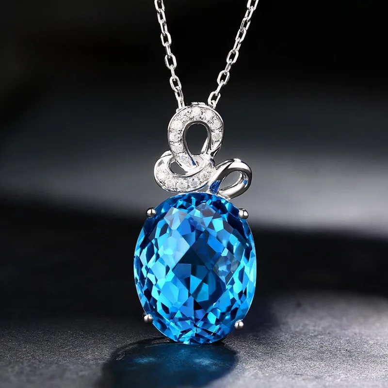 

Elegant 4 Carats Sky Blue Topaz Gemstones Diamonds Pendant Necklaces Woman Jewelry 18k White Gold Filled Silver 925 Choker Gifts