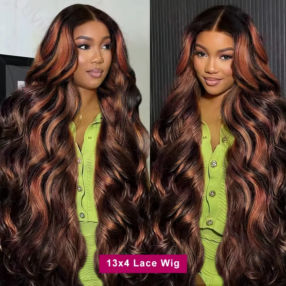 Highlight Body Wave 13x6 HD Omber Lace Front Human Hair Pre Plucked Wig 1B/30 Black Brown Colored 13x4 Lace Frontal Wigs 100% image 4