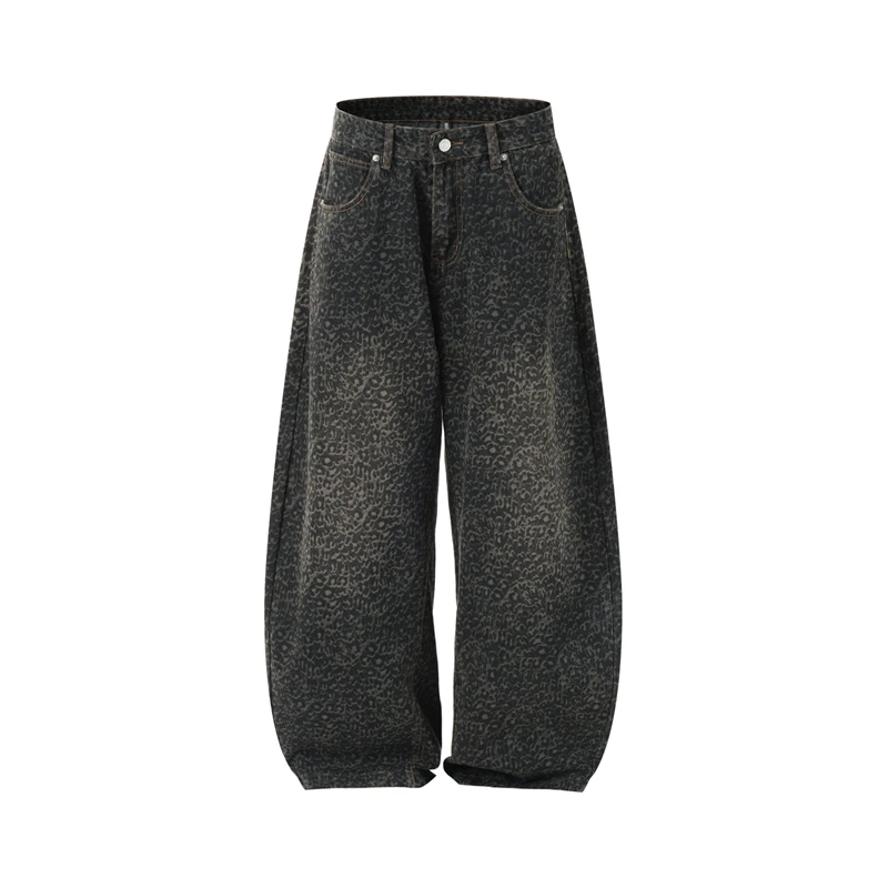 

Spring Retro American Cleanfit Leopard Print Jeans Loose Fit Men's Women's Washed Long Floor-Length Casual Wide Leg Trousers