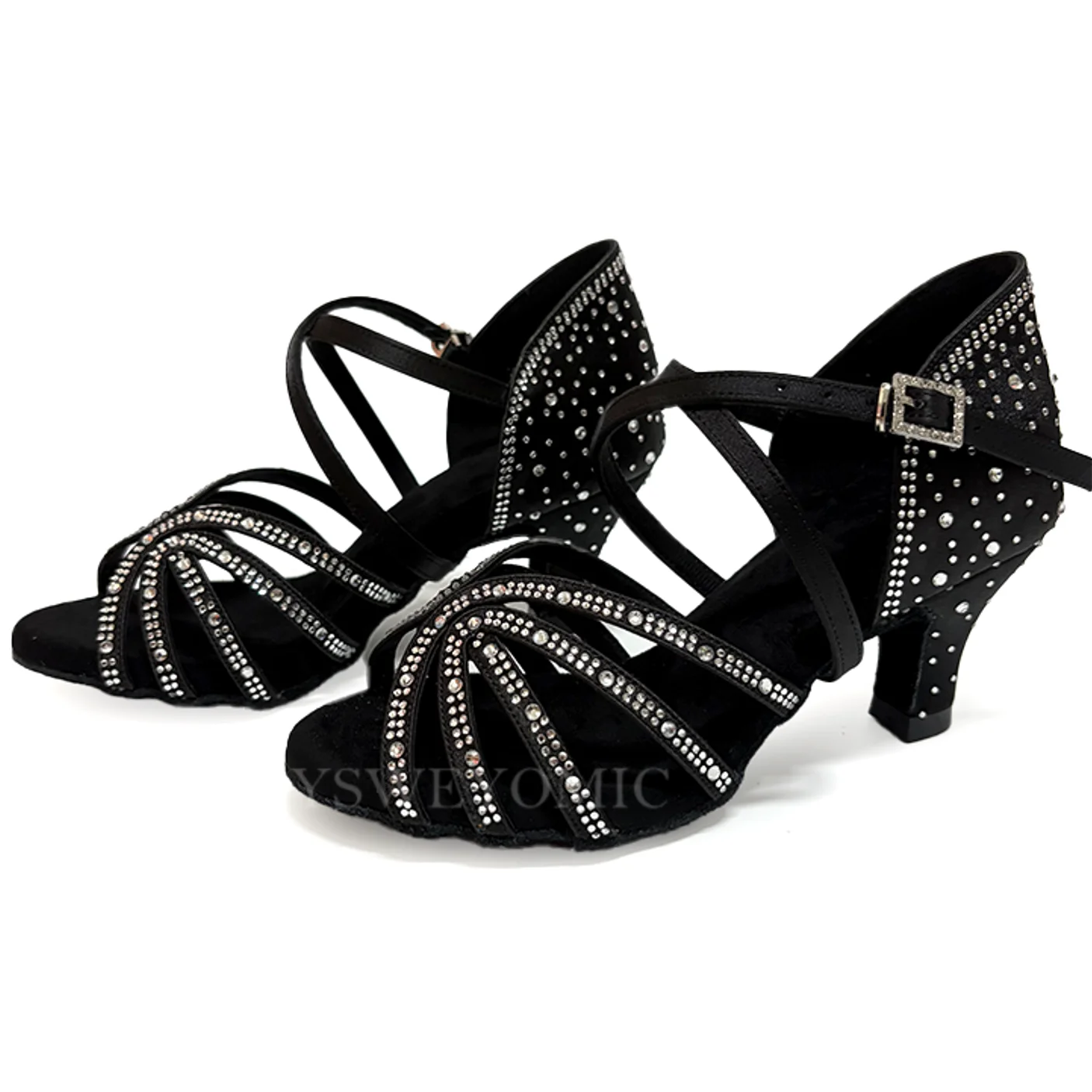 Low Heel Balllroom Dance Shoes 6cm Black Satin Clear Strass Salsa Soft Insole High Quality Made Suede Sole Indoor Dance Shoes