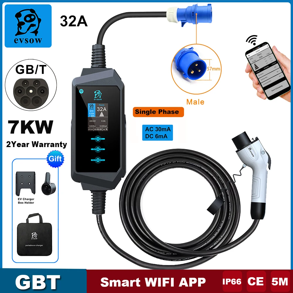 evsow 7KW GBT EV Charger 32A 1P Electric Car Charger With WIFI APP Control EVSE Charging Box Adjustable Current&Timed Charging