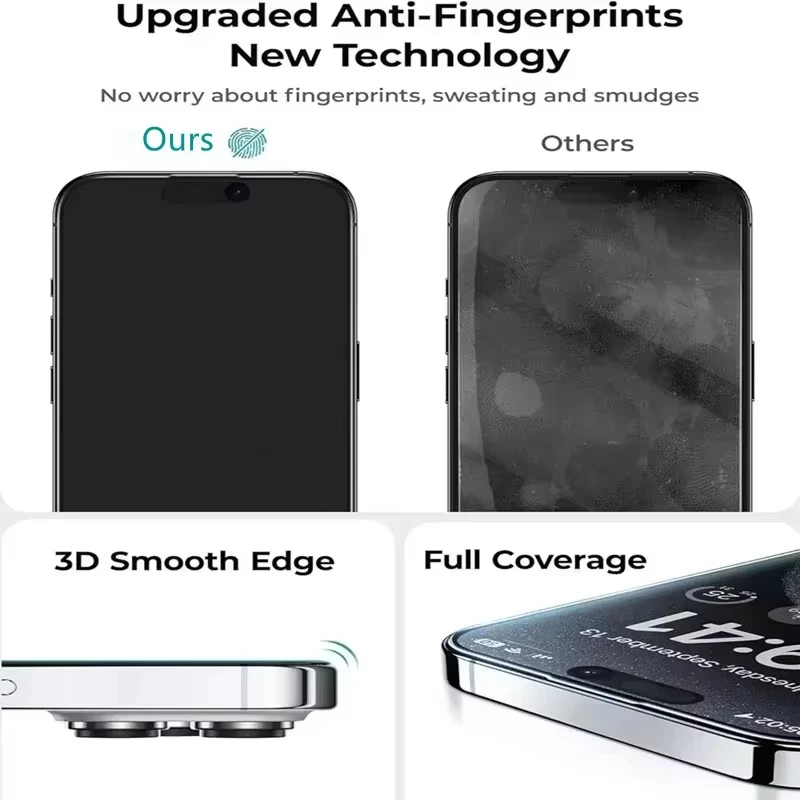 واقي شاشة تركيب بدون غبار مطلي Oleophobic لهاتف iPhone 17 16 13 15 11 12 14 Pro Max Air 16E زجاج غير لامع مضاد للتجسس