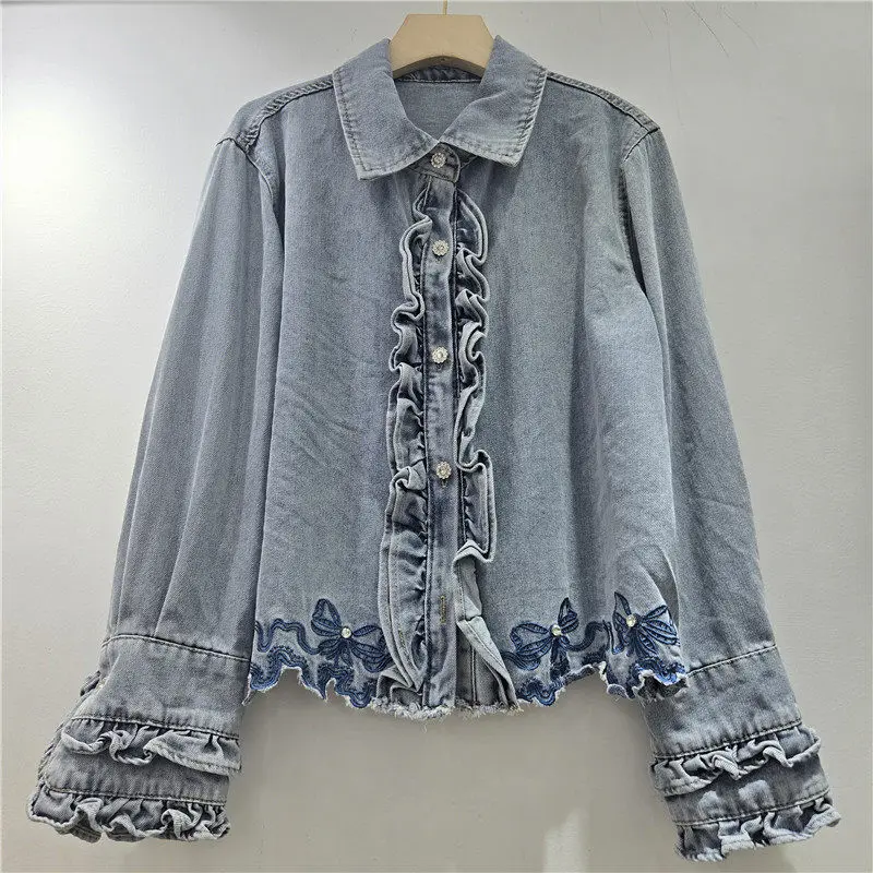 Fashion Butterfly Embroidery Ruffle Blue Short Denim Jacket Lapel Single-Breasted Long Sleeve Jeans Jacket Coat Chaqueta Mujer