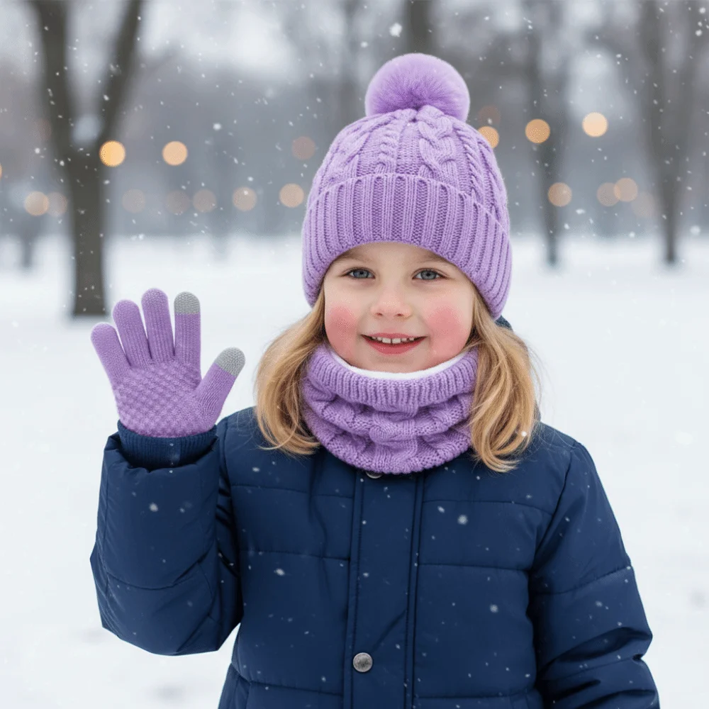 

Casual Solid Color Baby Hat Scarf Gloves Set Cute Pompom Thickened Toddler Knitted Hats Warm Ears with Velvet Hat Set Girls