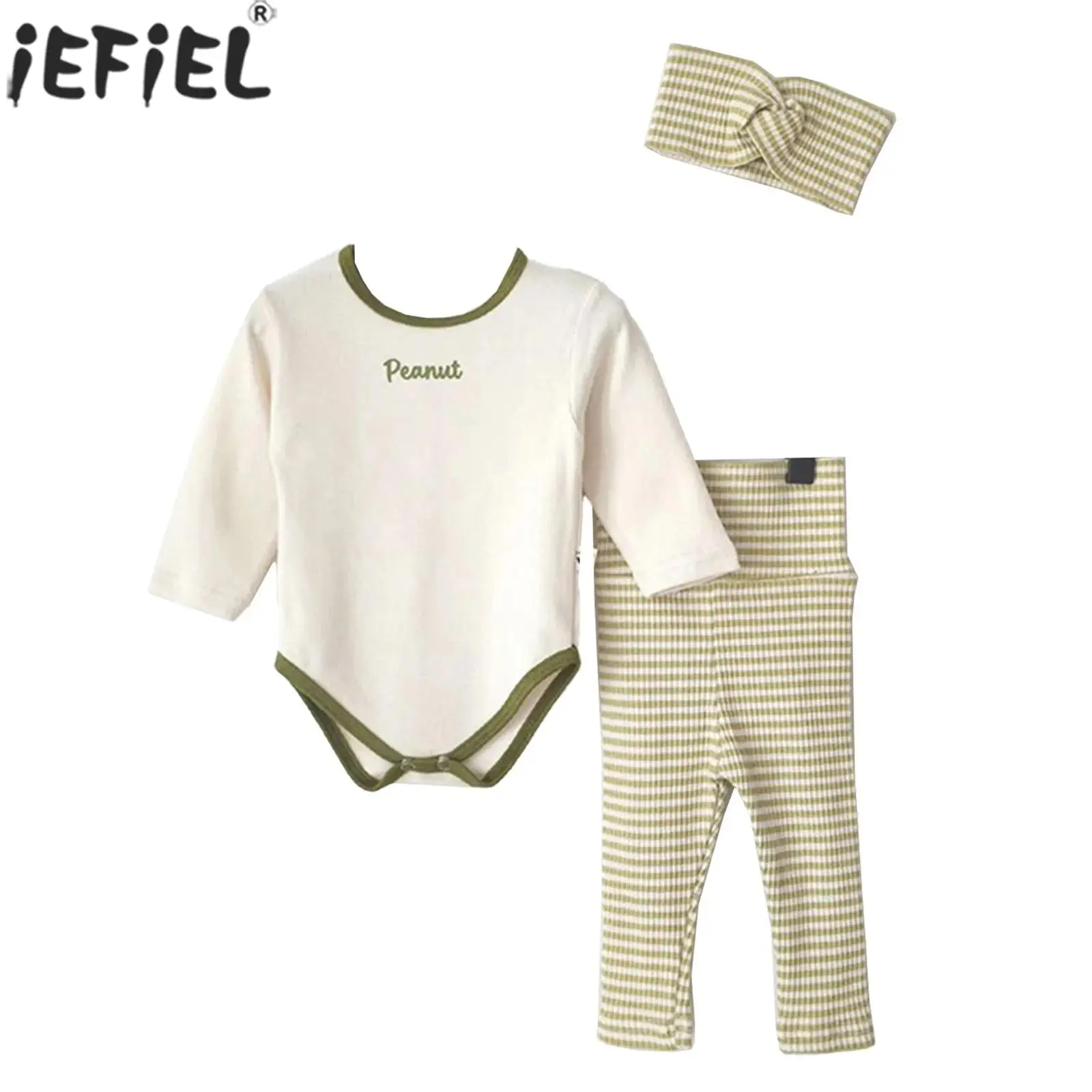 

Baby Girls Boys Clothes Set Long Sleeve Button Crotch Romper with High Waist Pants Headband for Daily Party Homewear Sleepwear