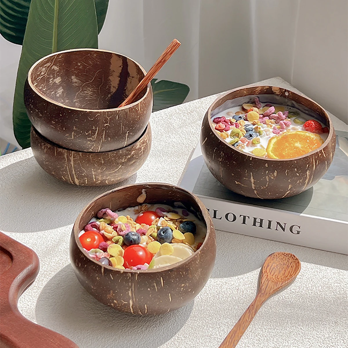 Natural Coconut Shell Bowl And Spoon Set For Serving Dishes Salad Wooden Reusable Kitchen Tableware Coconut Bowls Fruit Bowl