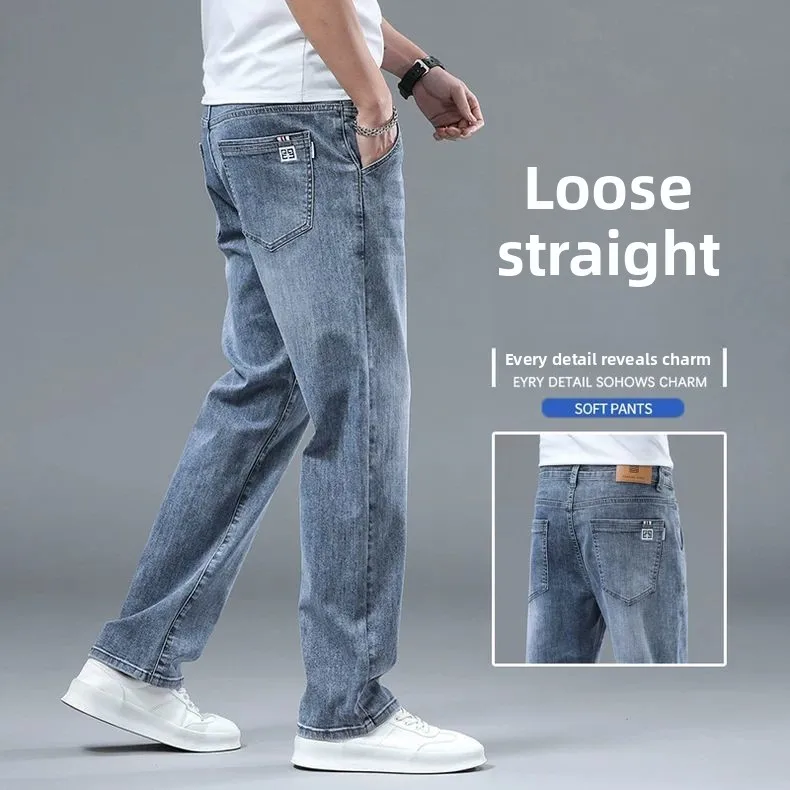 

Men's Loose Wide Leg Jeans Straight Cut Casual Long Trousers Workwear Wear Resistant Cotton Stretch Denim mid Waist Zipper Fly