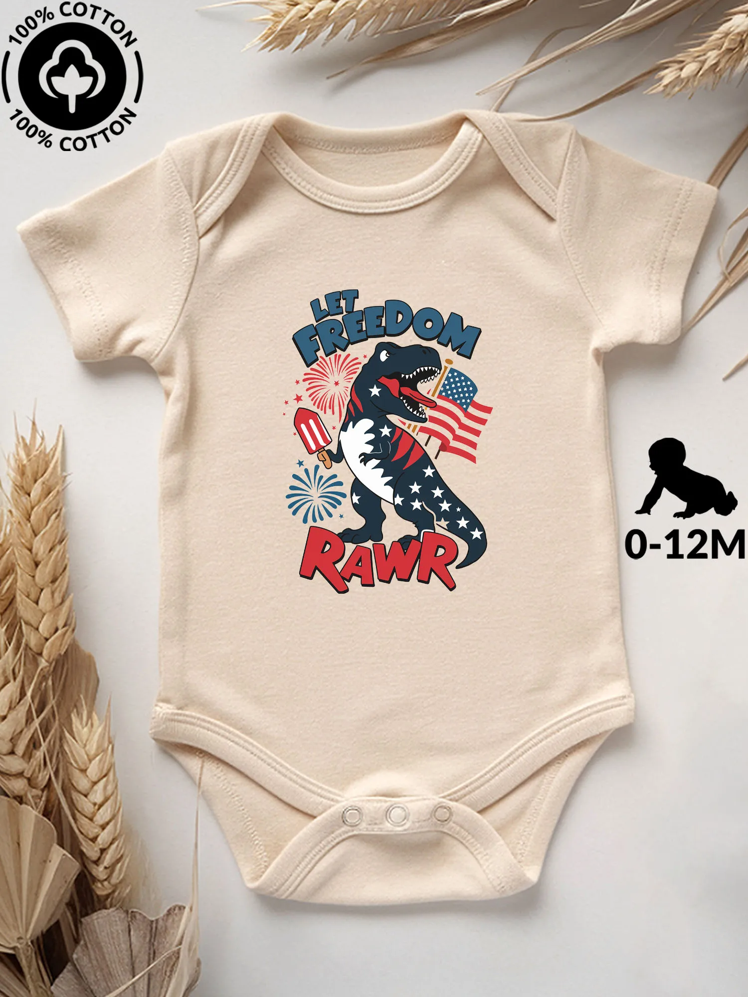 

Детский комбинезон-боди унисекс Let Freedom Rawr, 100% хлопок, мягкий, всесезонный, бежевый, 190 г/м²