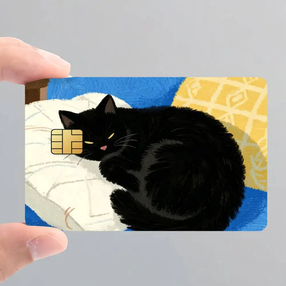 Sleep Black Cat Sweet Cartoon Card Stickers for Bank Access Protective Waterproof Film Cover Sticker Surprise Gift
