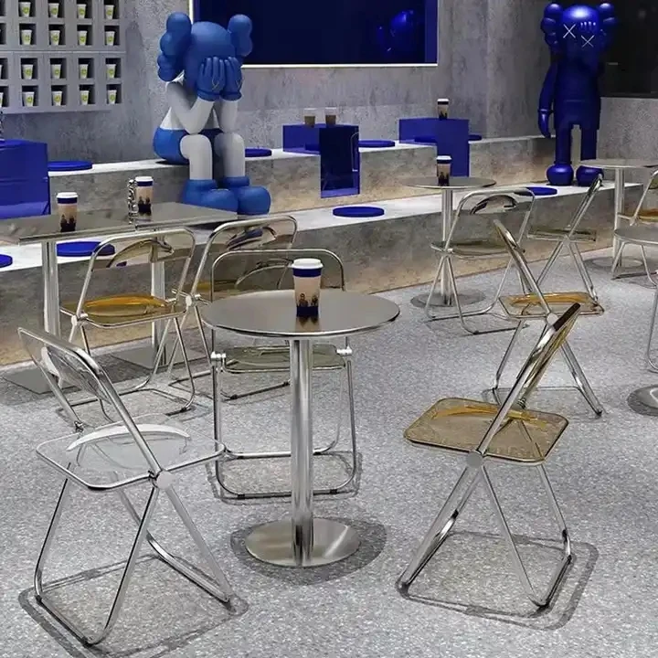 Modern Hotel Restaurant Roestvrij Staal Transparant Acryl Eetkamerstoelen Opvouwbare Koffiestoelen