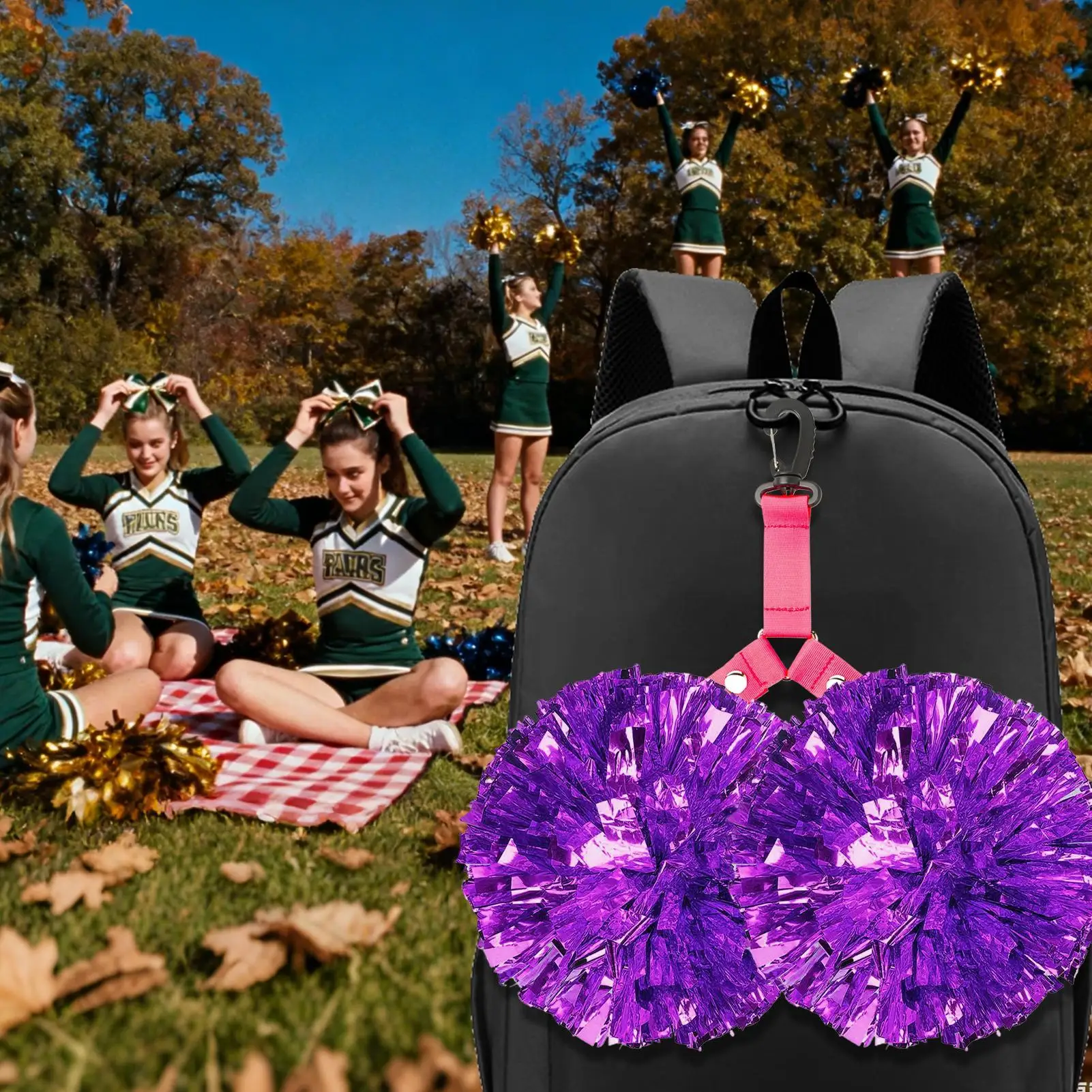 Cheer Pom Hangers Organizer Strap With Button Pom Backpack Hanger For Girls Cheerleading Competition Game Sports Events School