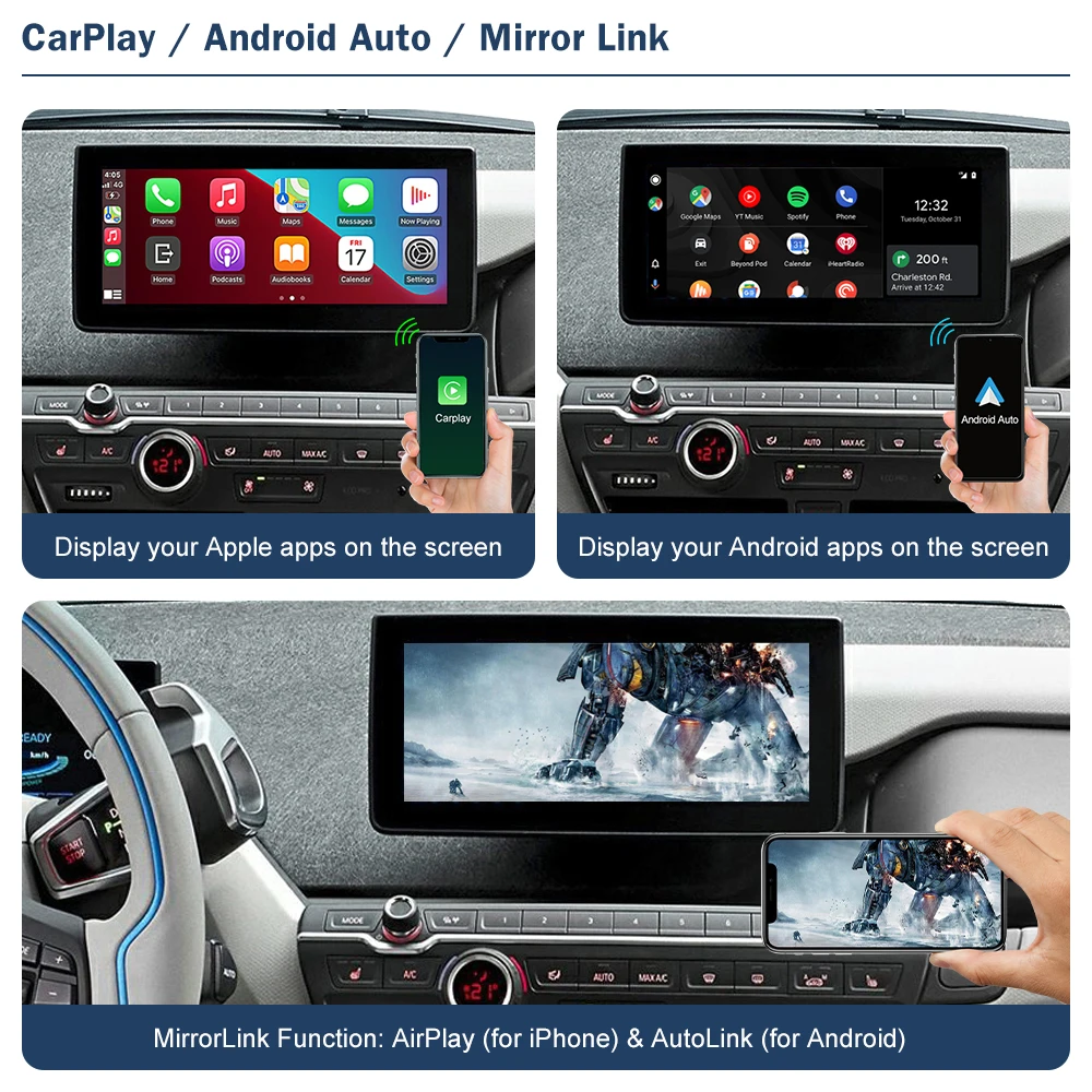 Bezdrátový Carplay Android auto rozhraní pro BMW i3 I01 NBT EVO systém 2012-2020 s zrcadlo objímka airplay auto divadelní hra functions