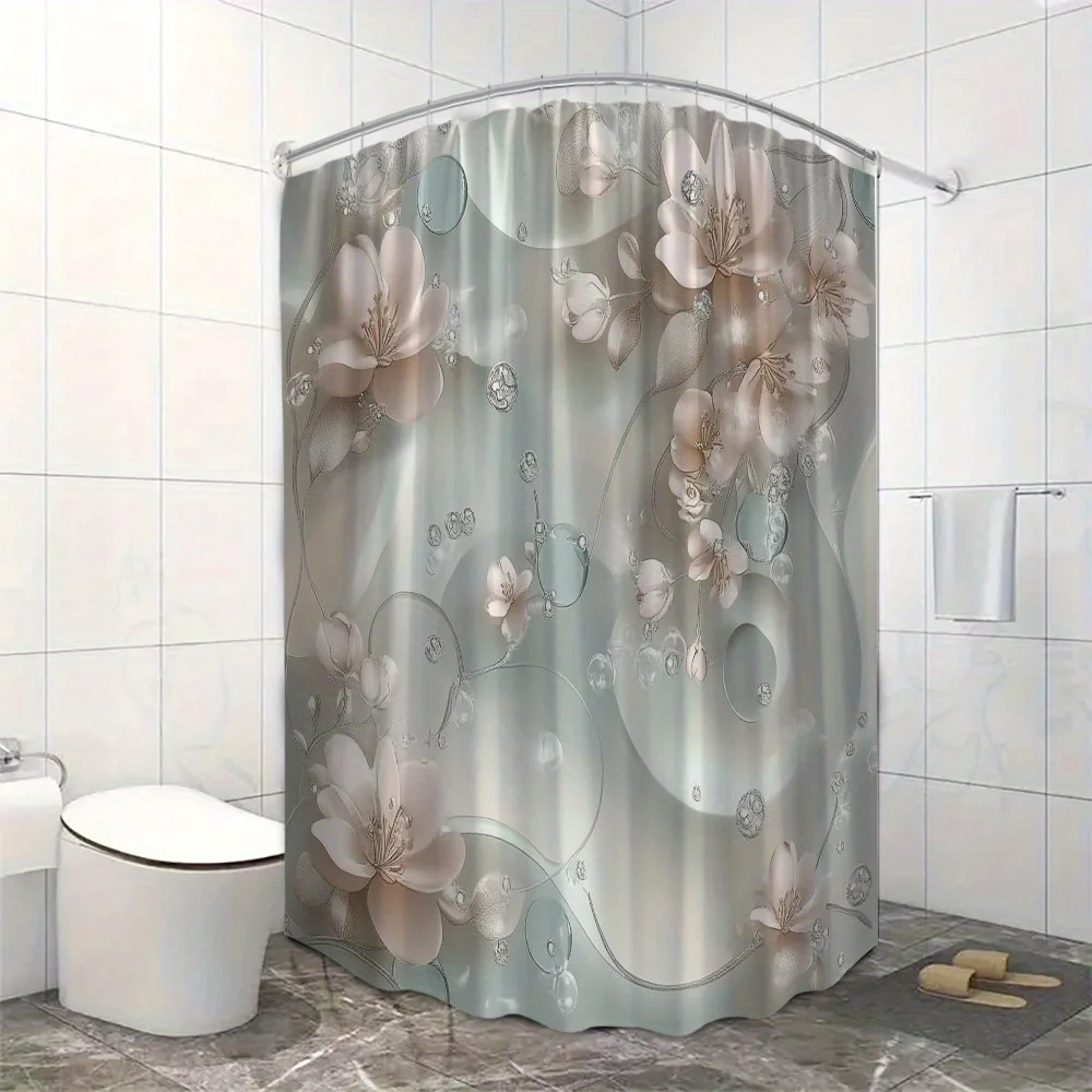 

Занавеска для душа с эфирным цветочным принтом — мягкие розовые и белые цветы, завивающие лозы и пузыри, водонепроницаемый полиэстер, простая установка