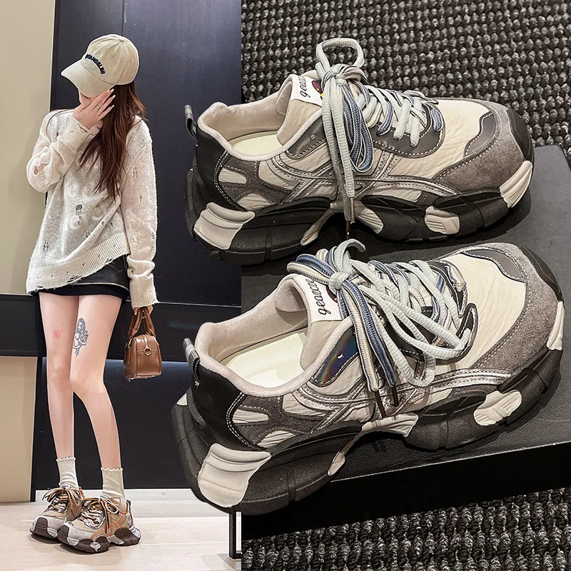 HKDQ Women's Sneakers Round Toe Platform Heel Suede-Look Upper Lace-Up Casual Fashion Daily Walking Trendy Footwear