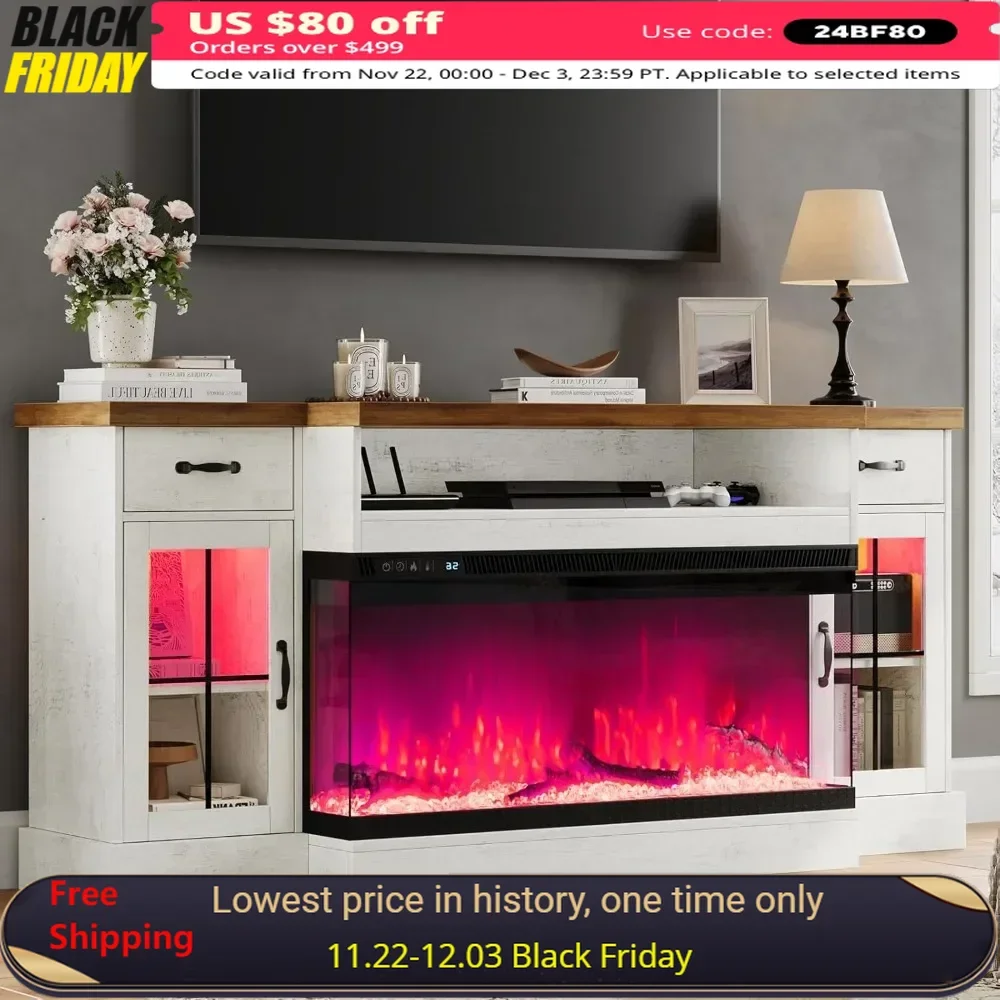 

TV Stand with Adjustable Storage Cabinets Farmhouse TVs Stand with 2 Drawers, LED Light&LED Lights Electric Fireplace TV Console